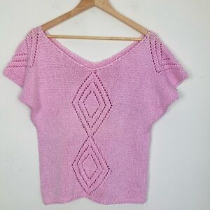 Vintage petal pink short sleeve sweater top with diamond open weave in front.  M